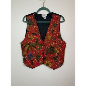 Vintage 90s Dalin RED Floral and Bird Beaded Vest, one size